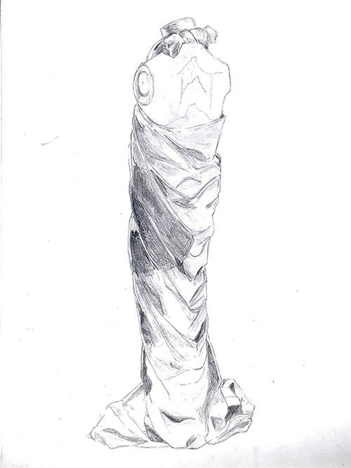 Graphite pencil tonal study of spiral fabric drapery wrapped around a sculptural form