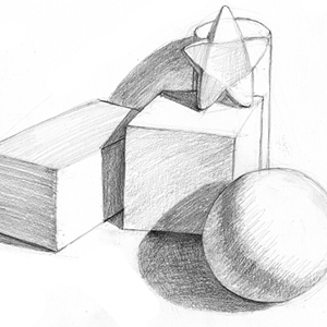 Basic shapes drawing study with shaded cubes, cylinder, and sphere