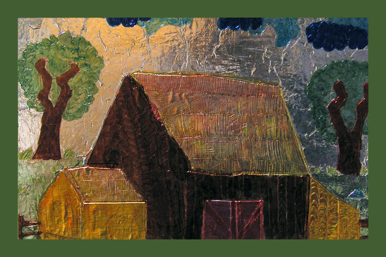 Textured mixed media study of a rustic barn with metal foil relief and painted landscape