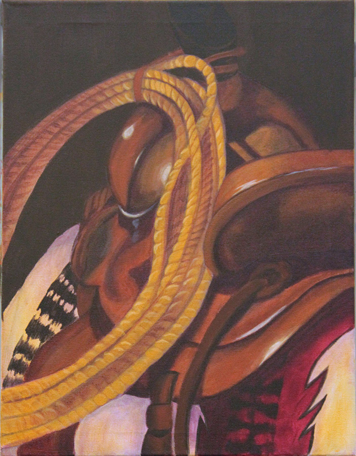 Acrylic painting study of a leather western saddle and coiled lasso rope