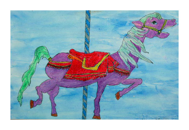 Mixed media illustration of a whimsical purple carousel horse with green mane and red saddle