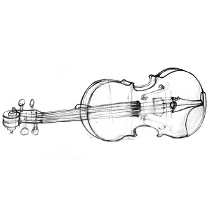 Contour and construction line drawing of a violin