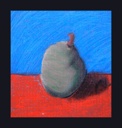 Vibrant soft pastel still life study of a green pear against cobalt blue and vermilion red