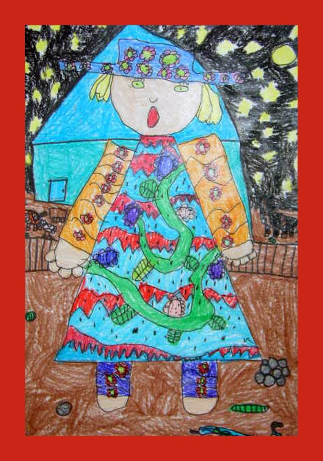 Folk-art style drawing of a figure in a flower-adorned patterned dress and hat under a starry night sky