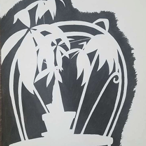 Negative space drawing study of a potted plant and chair silhouette