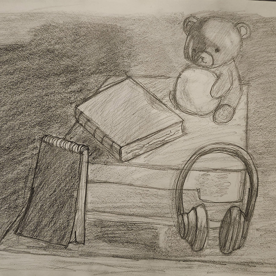 Graphite pencil observational still life with books, a teddy bear, spiral notepad, and over-ear headphones