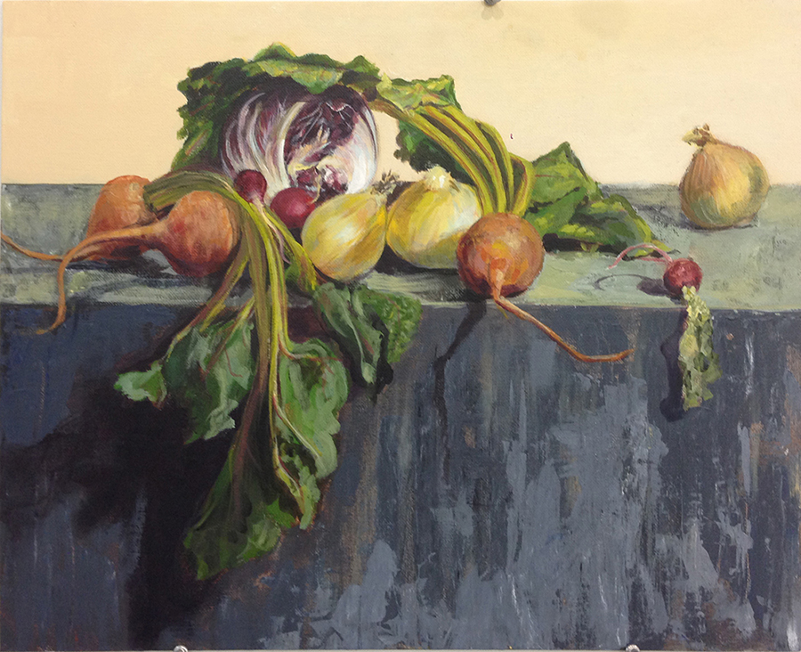 Observational still life painting of fresh garden beets, onions, and radicchio on a stone ledge