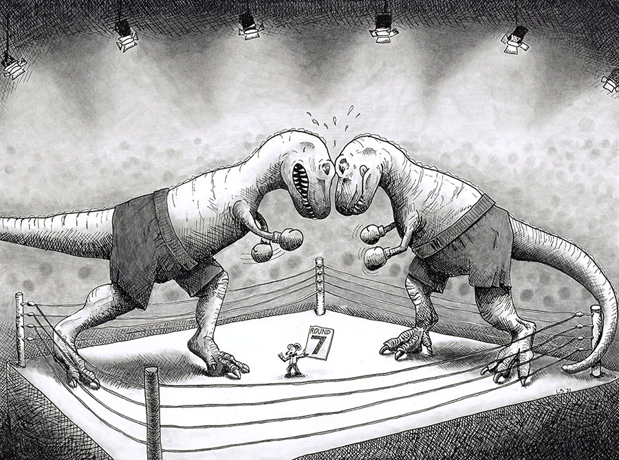 Crosshatched pen and ink illustration of two T-Rex dinosaurs boxing in a ring with spotlight lighting and a tiny referee