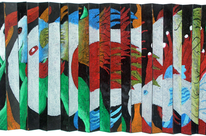 Kinetic accordion fold agamograph drawing with vibrant color and animal forms