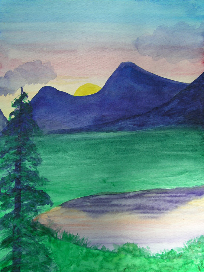 Watercolor landscape featuring mountain peaks, pine tree, setting sun, and reflection on water
