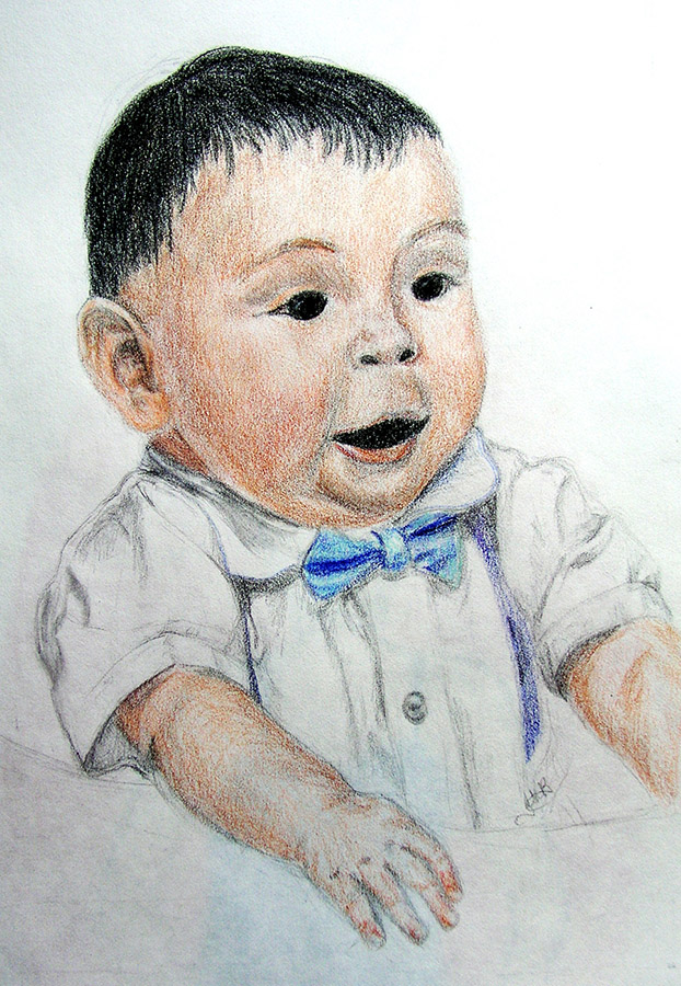 Colored pencil and graphite portrait of a smiling baby wearing a blue bowtie and suspenders