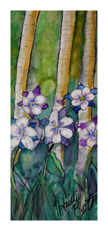Vertical watercolor and ink painting of Colorado columbine blossoms blooming along aspen tree trunks