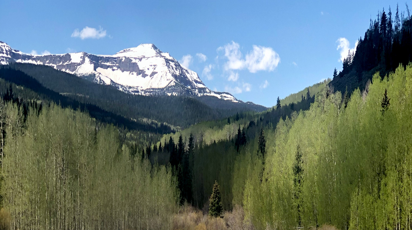 Scenic Colorado mountain landscape with snowy peaks and evergreen and aspen trees