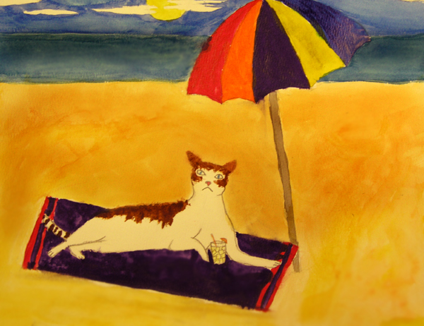 Watercolor painting of a cat lounging on a beach towel under a colorful umbrella with a drink