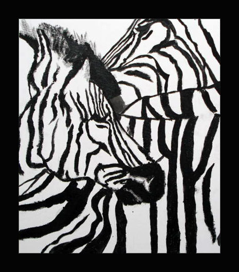 High-contrast black and white ink drawing exploring zebra form and stripes