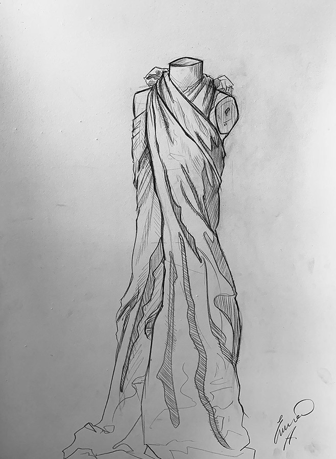 Graphite drawing study of flowing fabric folds draped over a classical torso mannequin
