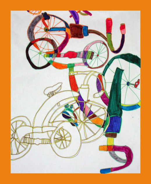 Overlapping contour line study of deconstructed bicycles filled with bright marker colors