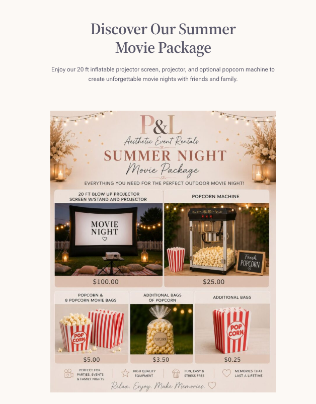 SUMMER NIGHT MOVIE PACKAGE Price Menu Preview