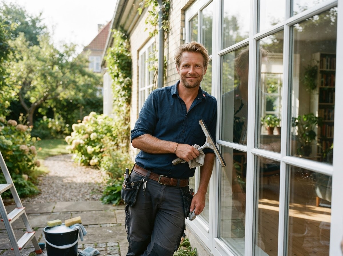 Kasper Brix, vinduespudser i Horsens, ved et nypudset vindue i solskin
