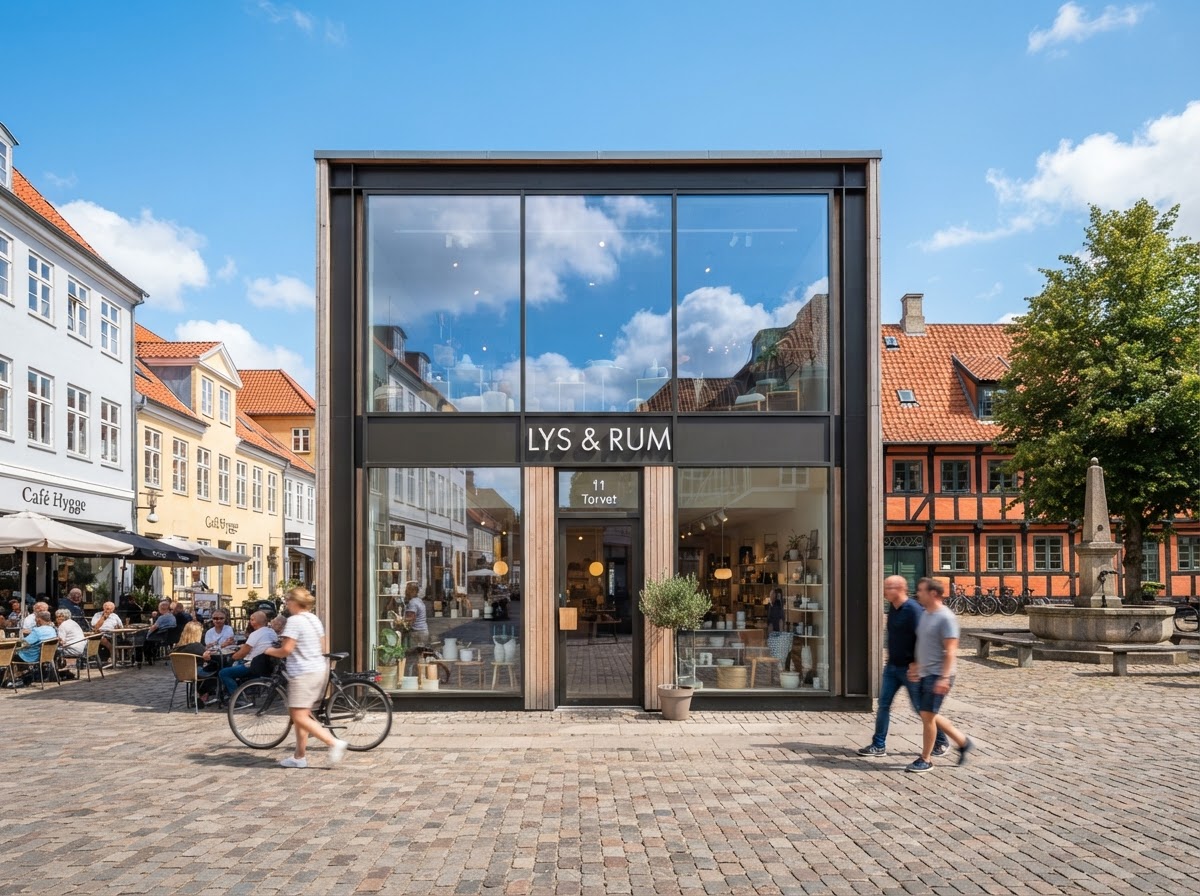 Ren butiksfacade med store glasruder ved Torvet i Horsens, klar himmel spejler sig