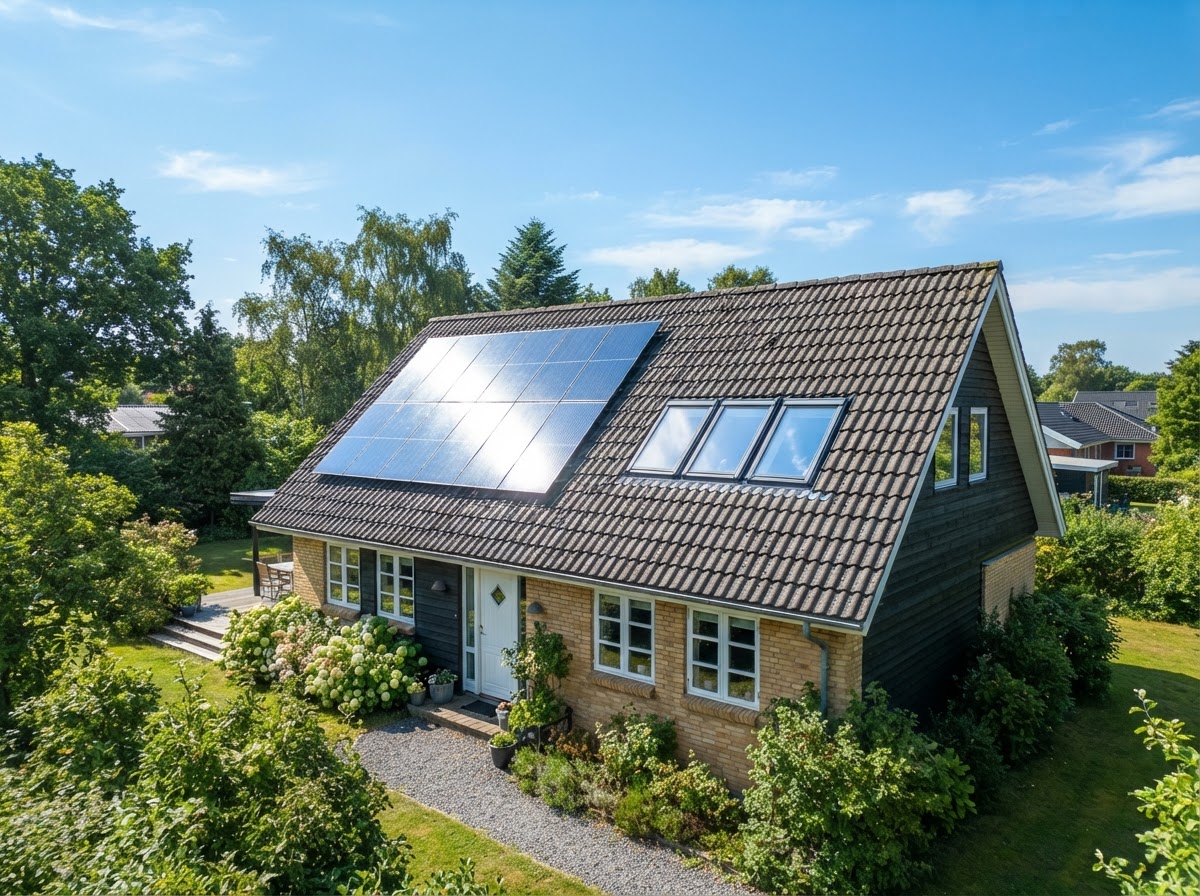 Rene tagvinduer og solceller på et hus i Søvind, blå himmel spejler sig i glasset