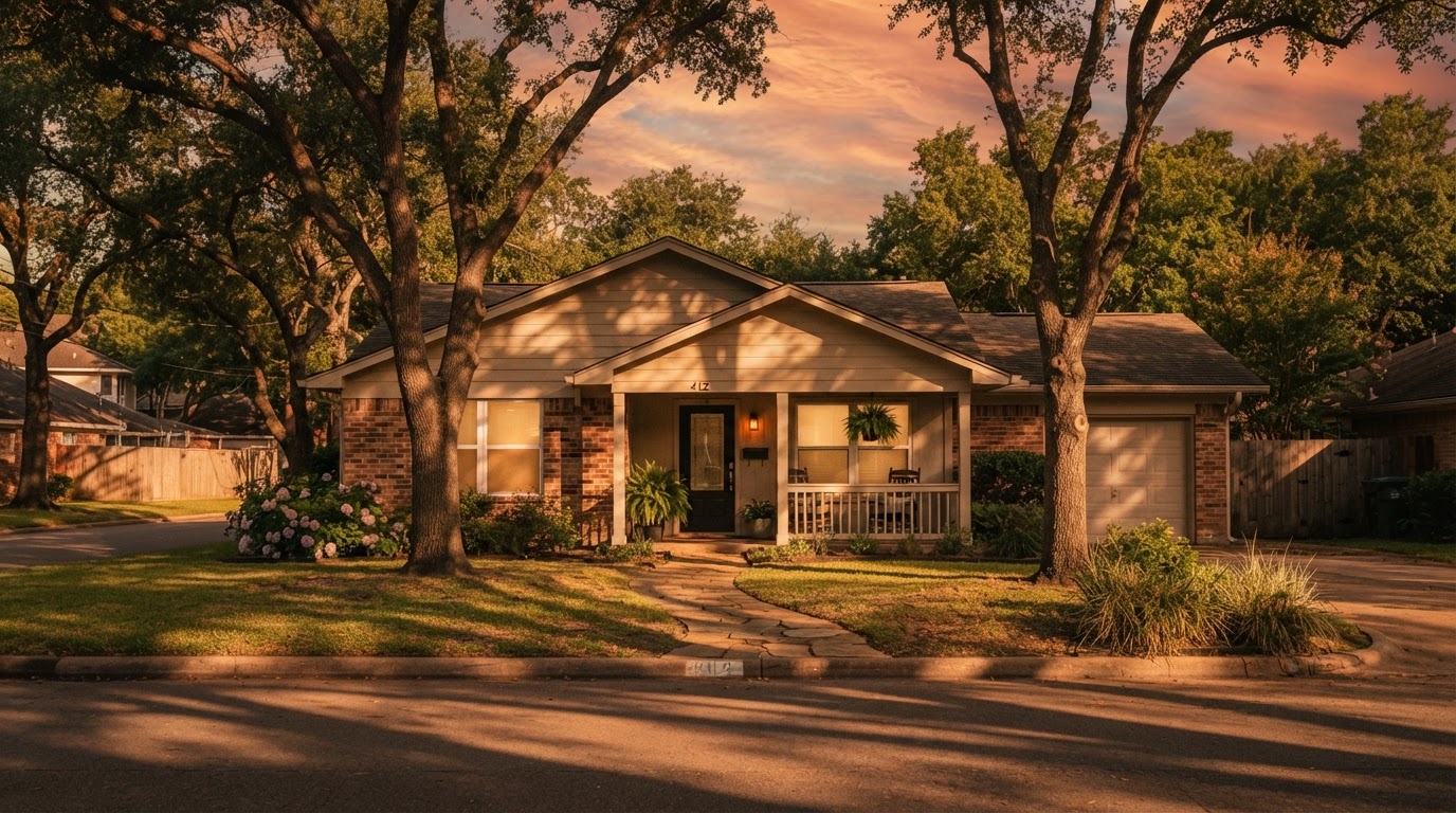 Illustrative single-family house at golden hour in Southeast Texas