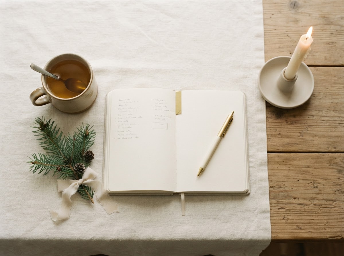 A calm Christmas preparation scene on warm ivory linen: an open journal with a pen, a cup of tea, a soft cream candle, and a sprig of evergreen.