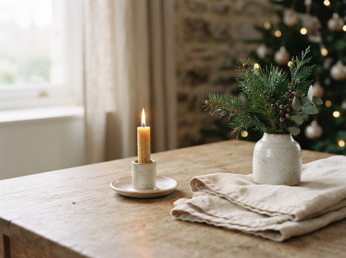 A lit candle, folded cream linen blanket, and a small vase of evergreen sprigs on a natural wood table.