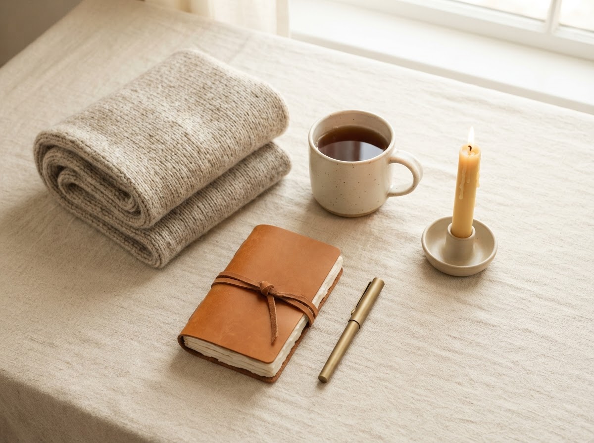 A flat lay of thoughtful practical gifts on warm cream linen: a knit scarf, ceramic mug, journal, and candle.