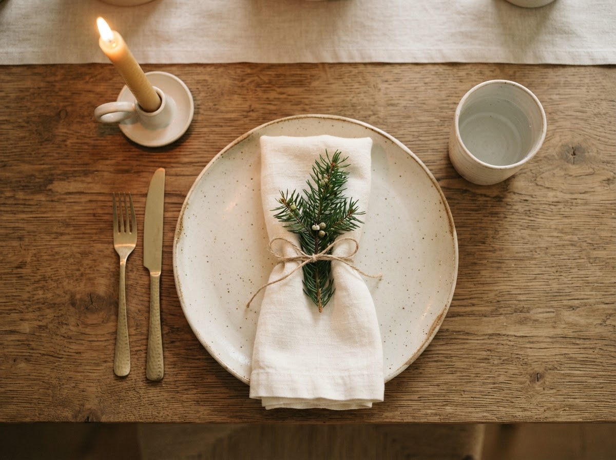 A simple holiday table setting with an ivory linen napkin, ceramic plate, evergreen sprig, and warm candlelight.