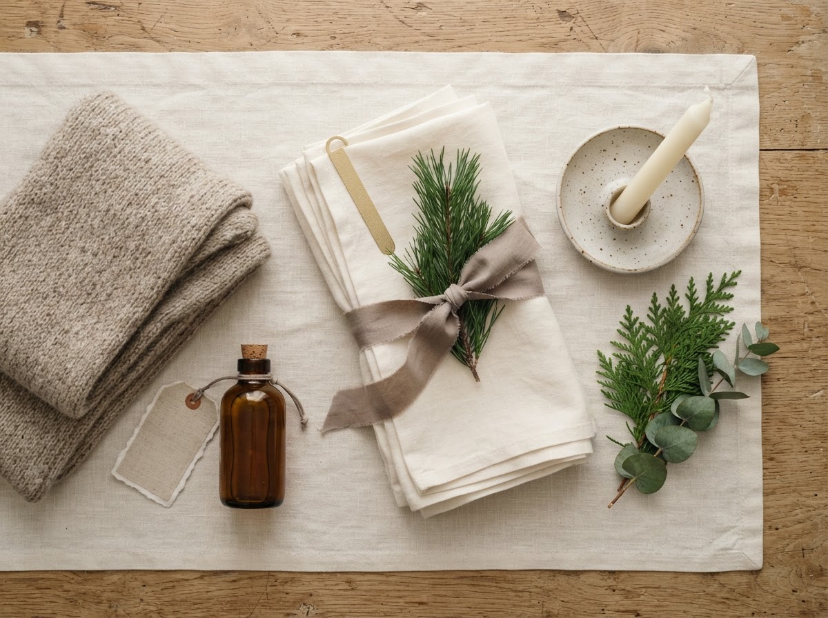 A tasteful collection of small Christmas gifts and little luxuries arranged on warm ivory linen and natural wood, with a sprig of evergreen and muted taupe ribbon.