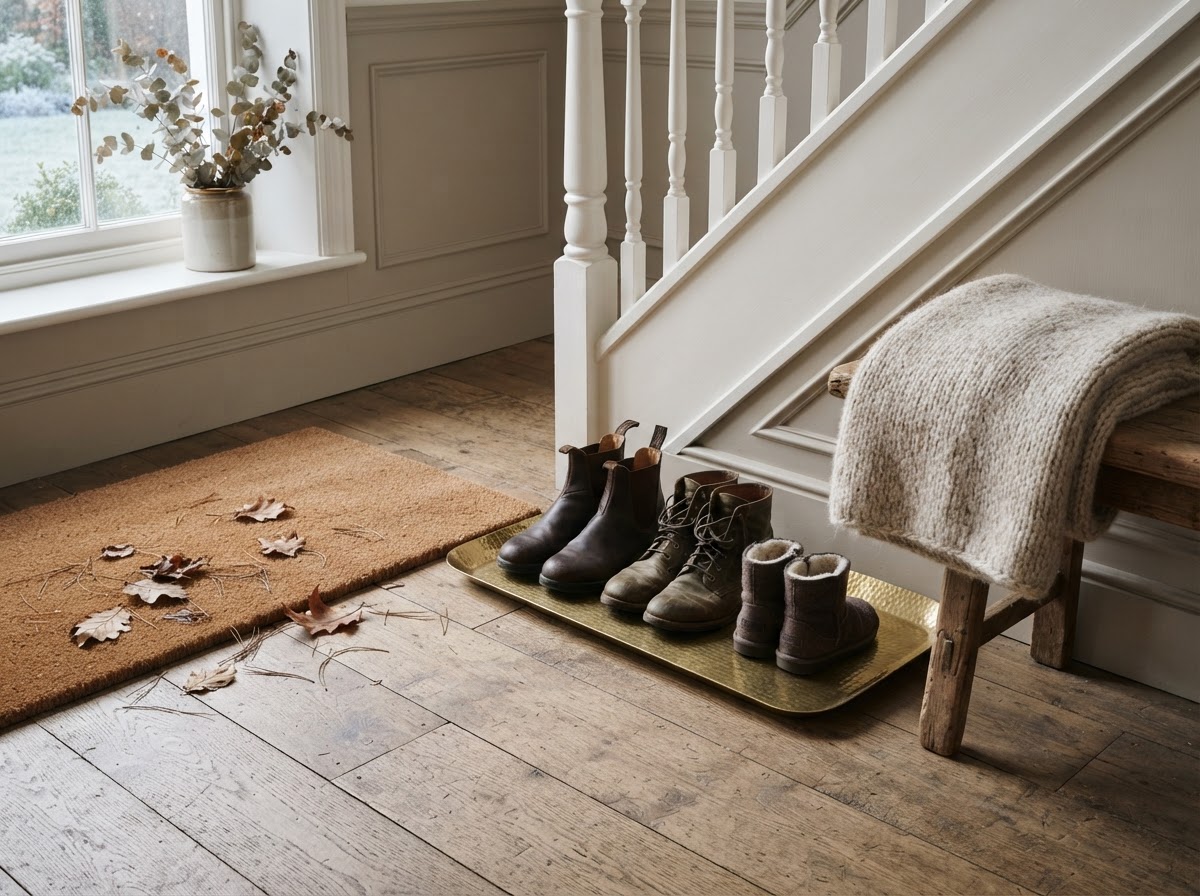 A winter-ready entry with a coir doormat, brass boot tray, and wool throw in warm muted tones.