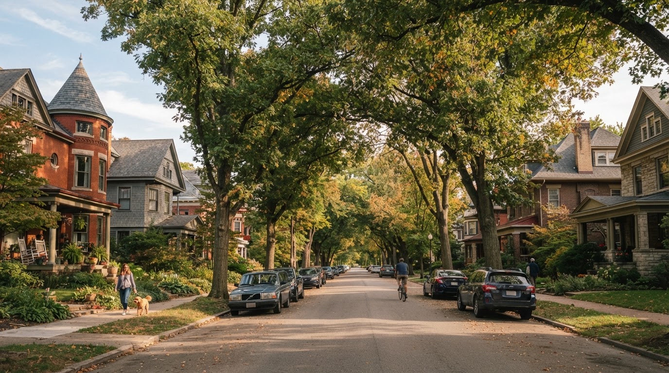 Tree-lined residential street in Columbus — established neighborhood with older homes