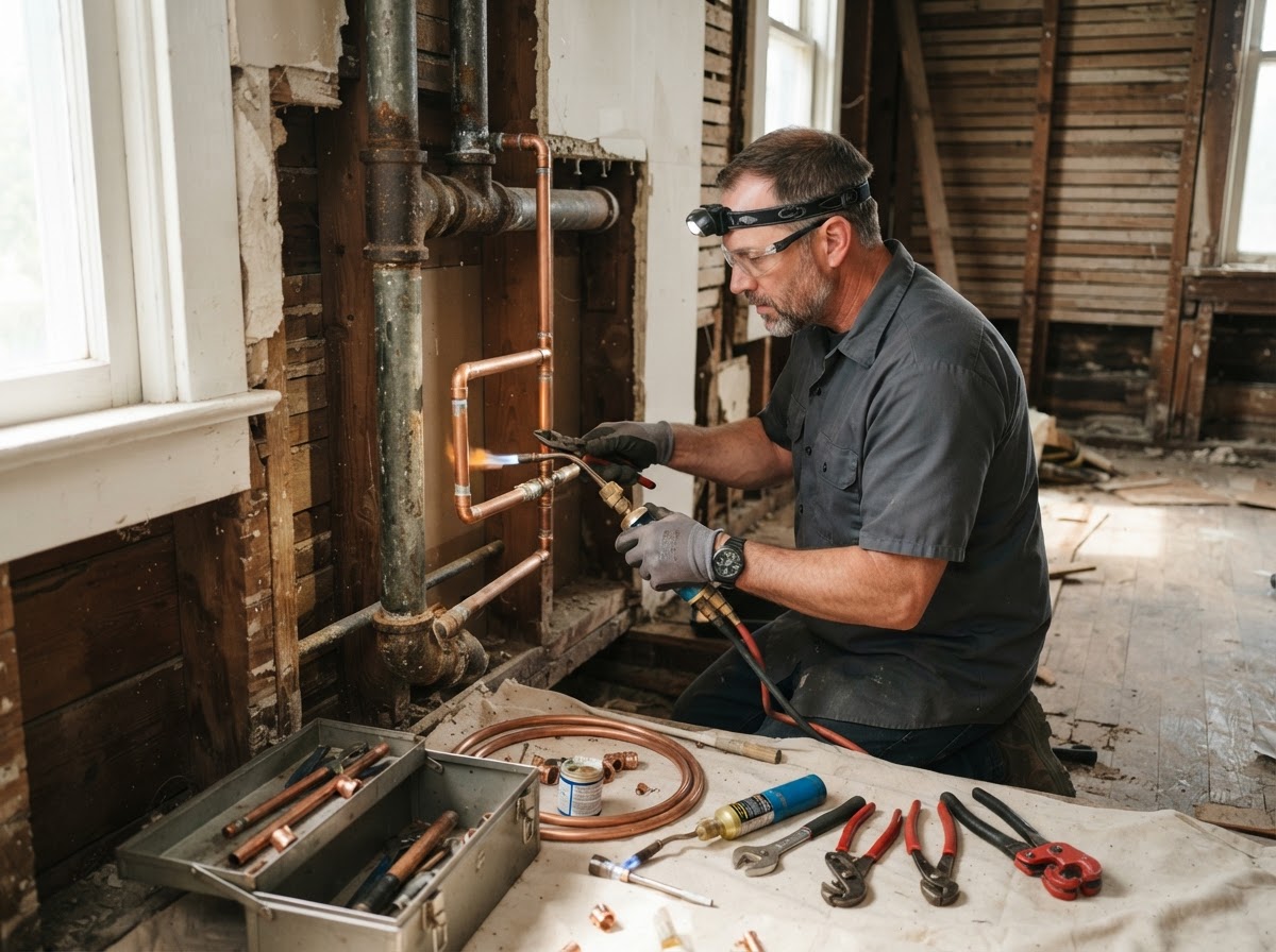 Plumber replacing galvanized interior pipes in an older Columbus residence