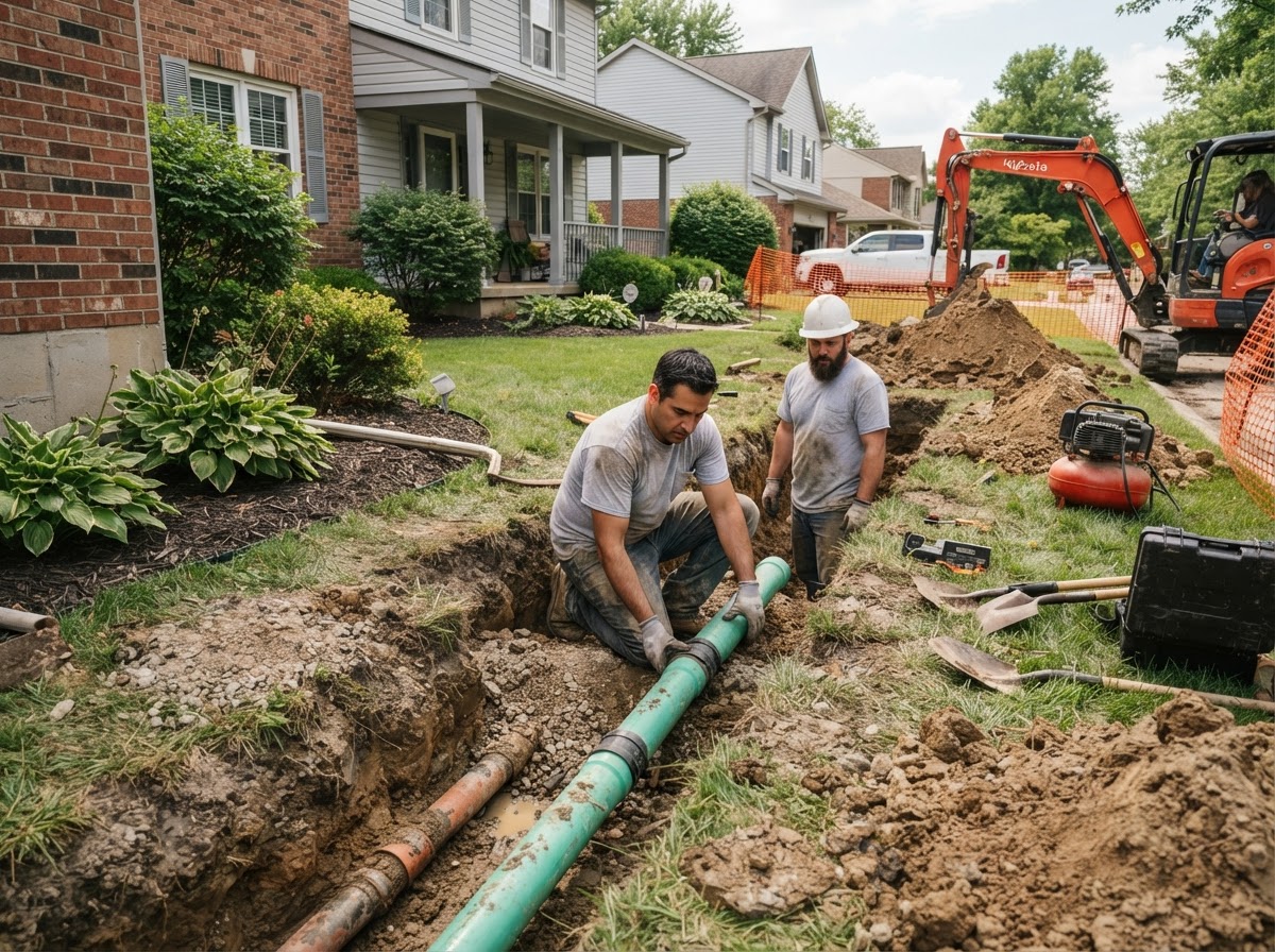 Plumber completing a sewer line replacement at a Columbus-area residential property