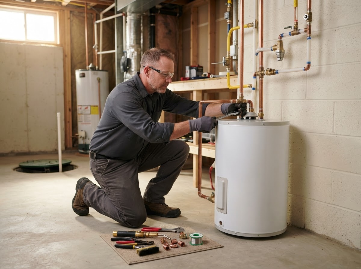 Licensed plumber installing a new water heater in a Columbus home