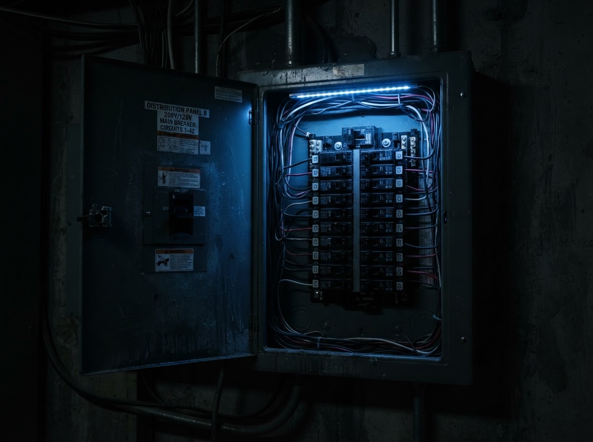 Electrical panel at night with electric blue glow