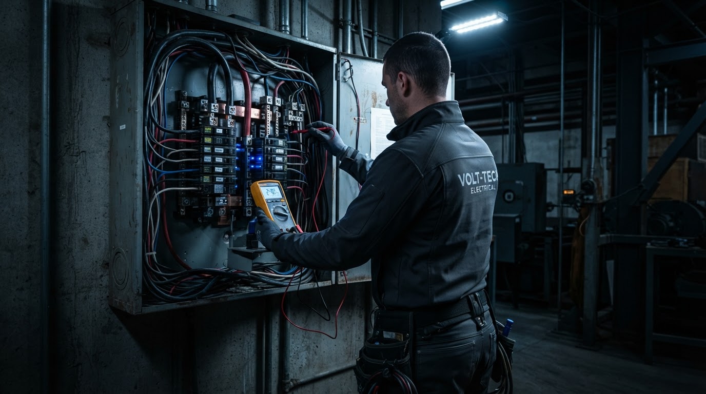 Electrician diagnosing an electrical service panel with a multimeter