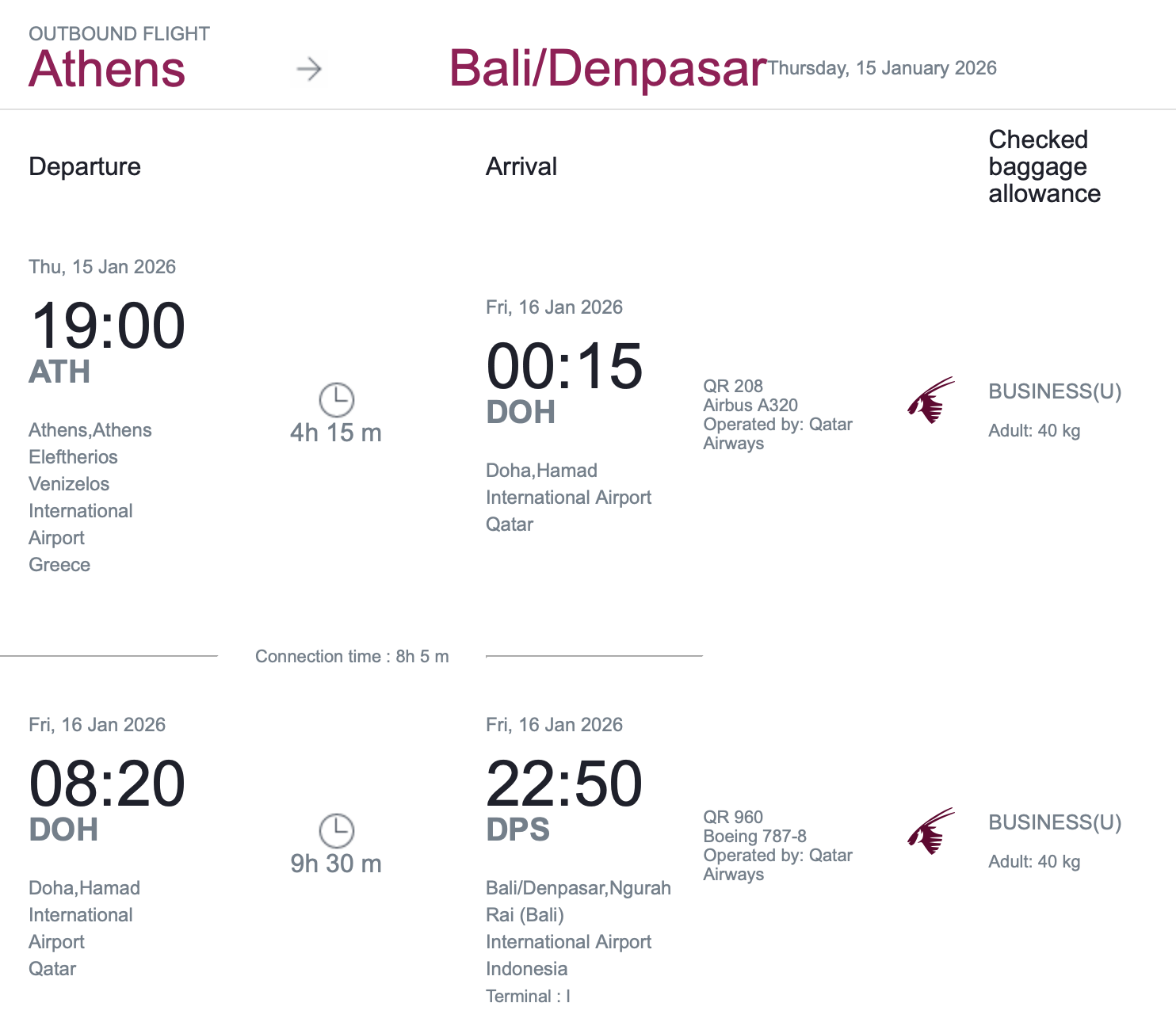 Buchungsbestätigung Athen nach Bali via Doha in Business Class