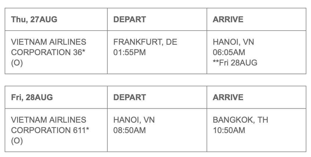 Flugroute Vietnam Airlines Frankfurt nach Hanoi und Hanoi nach Bangkok