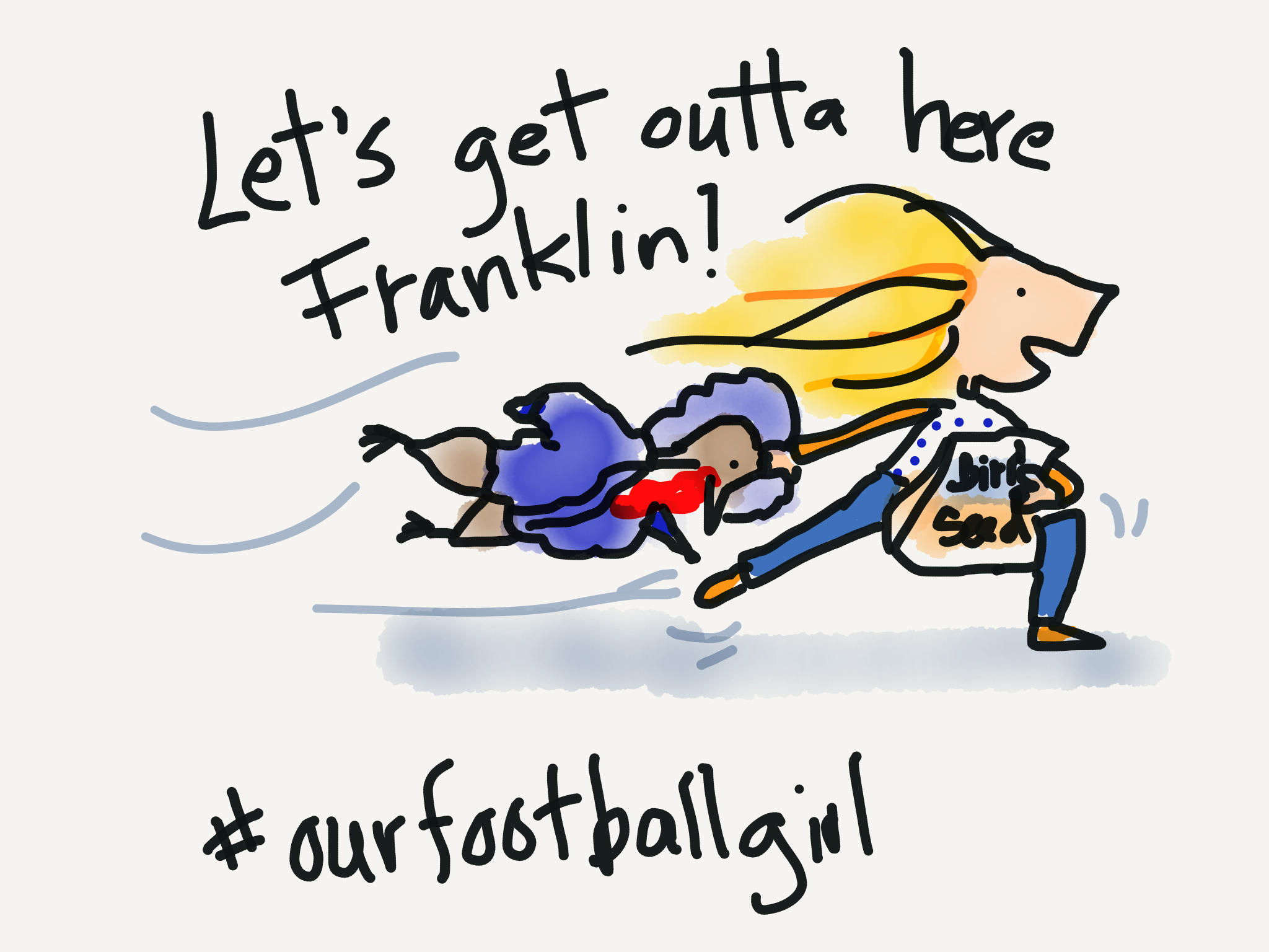 Let's get outta here Franklin! Meredith running with bird seed and Franklin the turkey