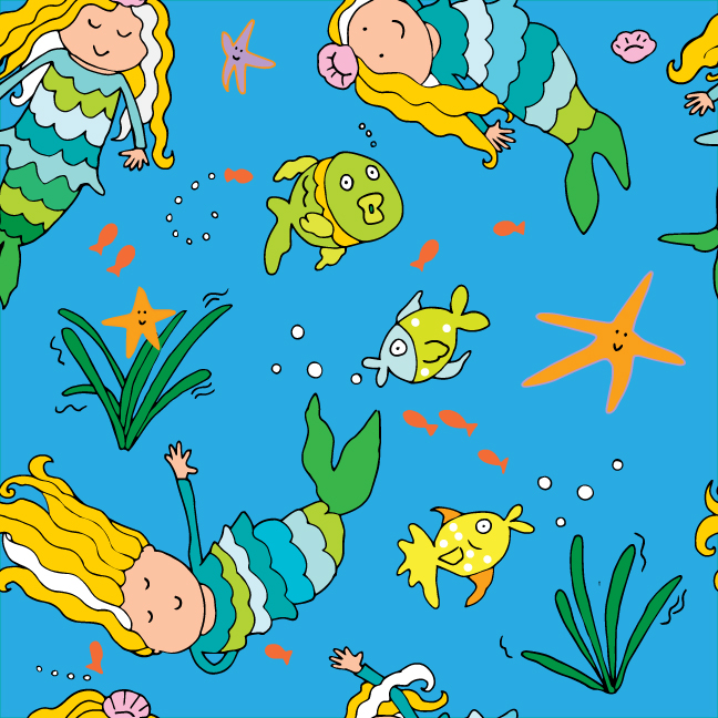 Mermaid Bay — swimming blonde mermaids and yellow starfish pattern by Leslie Ann Clark