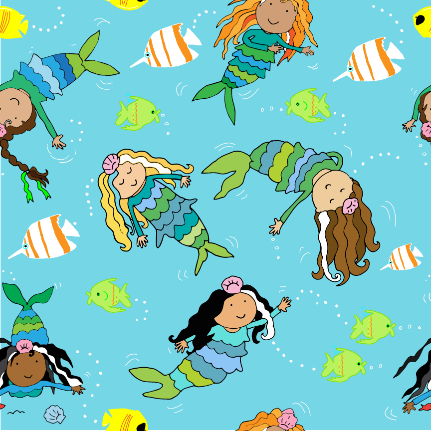Mermaid Bay — multiracial mermaids swimming together with tropical fish by Leslie Ann Clark