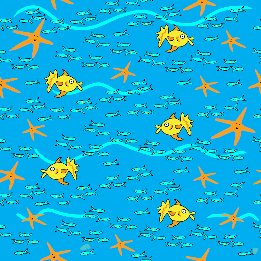 Mermaid Bay — playful yellow fish and sea stars on ocean waves by Leslie Ann Clark