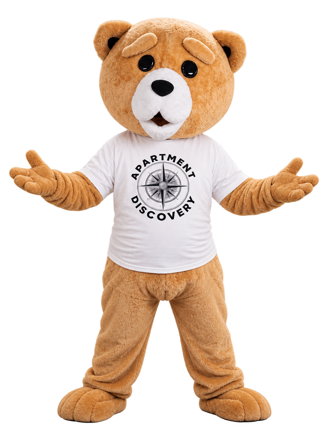 Scout the Apartment Discovery plush bear friendly face close-up with button eyes and soft tan fur