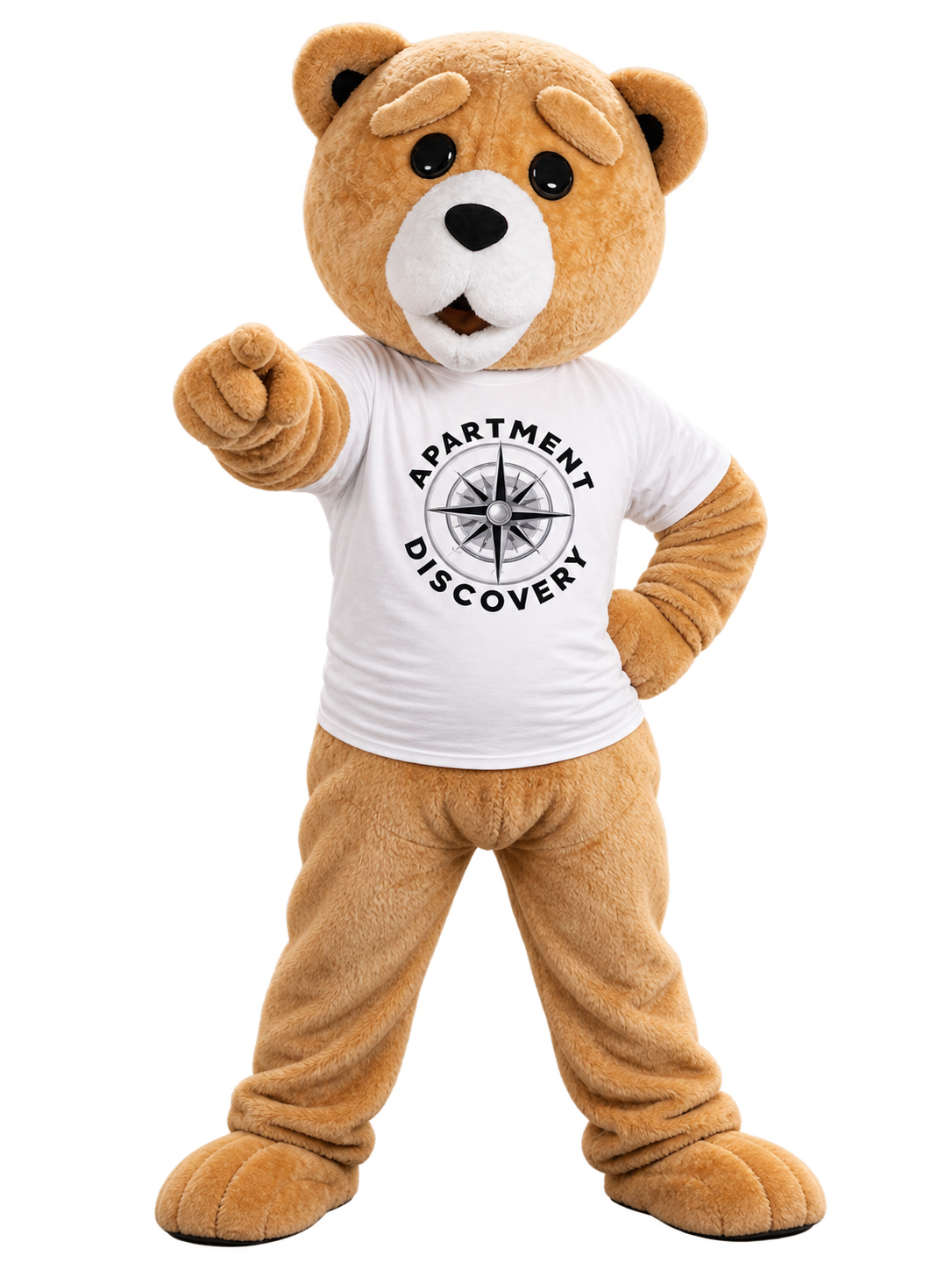 Scout the Apartment Discovery plush bear mascot pointing forward toward apartment options