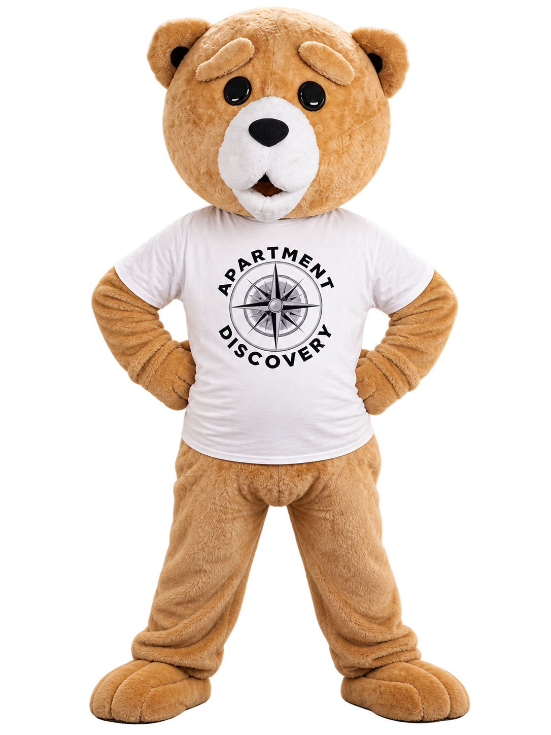 Scout the Apartment Discovery plush bear mascot standing confidently with hands on hips