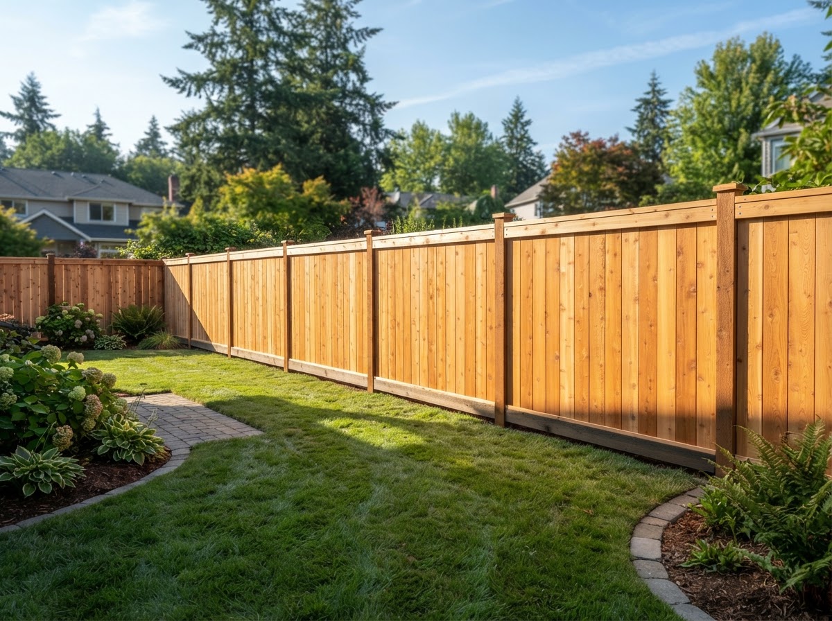 Completed cedar fence installation by Light Rock Construction in Lake Stevens