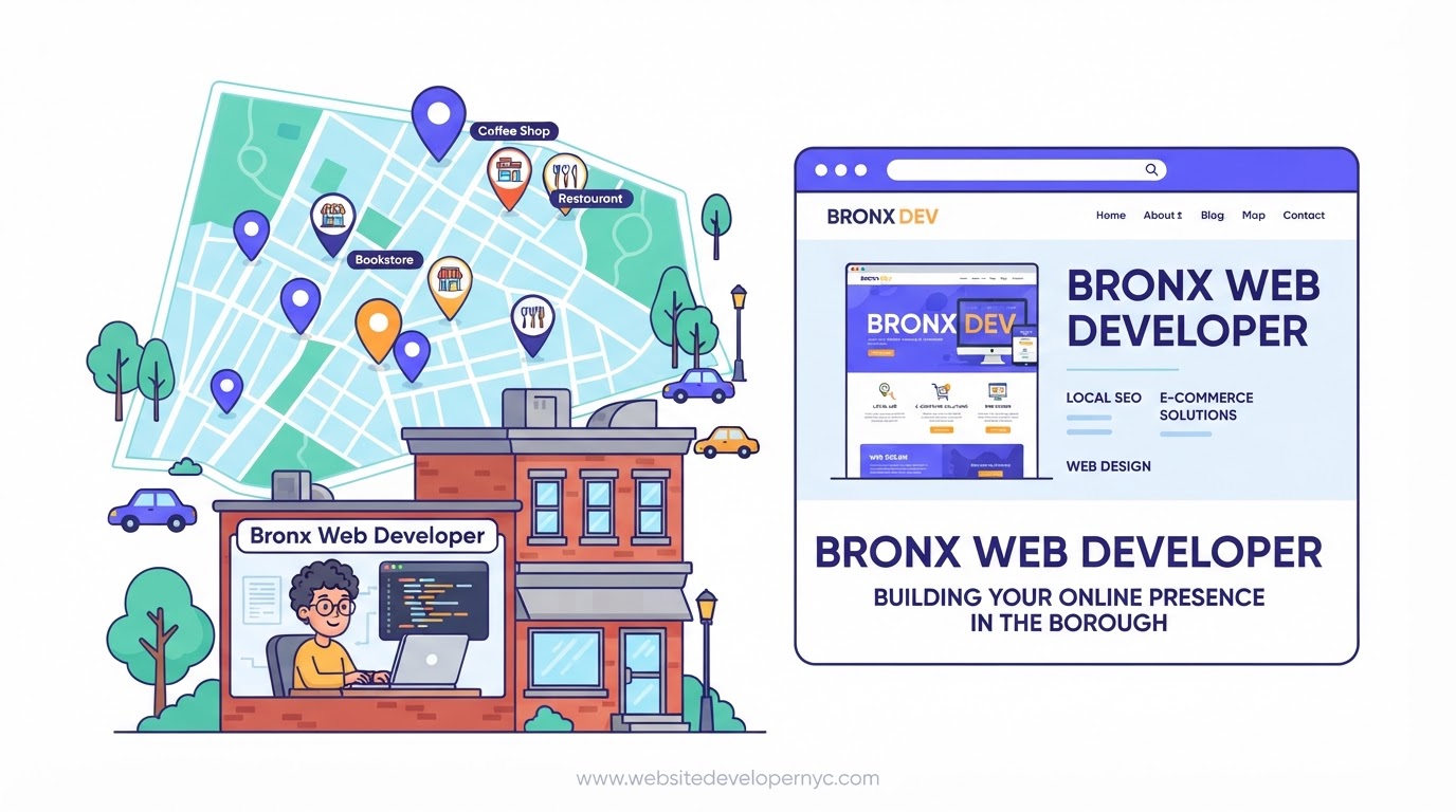 Cartoon illustration explaining website development in Bronx, New York, showing web design, SEO, and mobile-friendly features