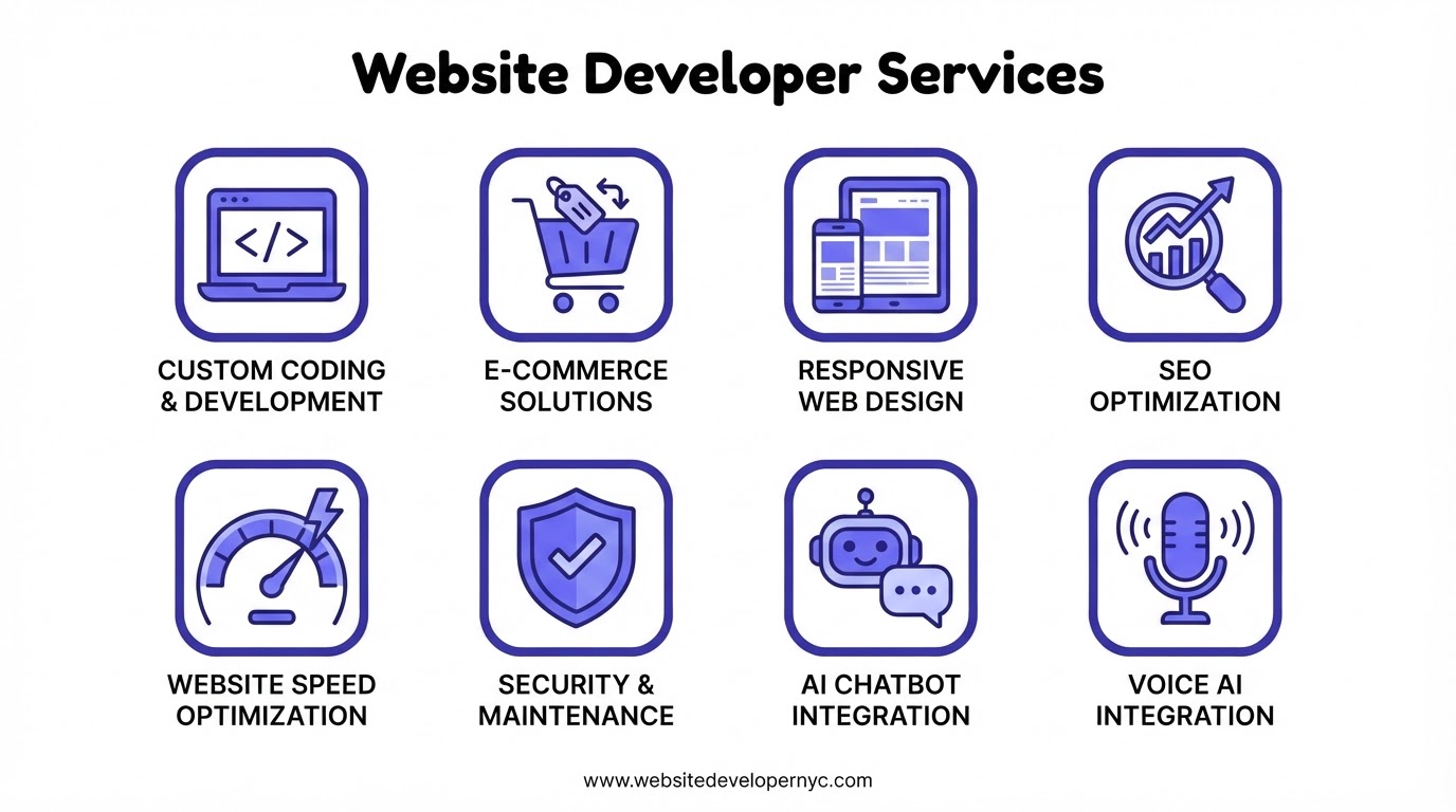 Cartoon illustration of the full range of website developer services offered by SITEBOW in NYC